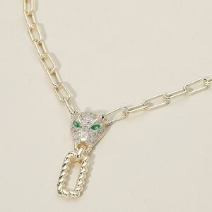 14K Gold Panther Head Pendant Necklace Chain Link CZ Rhinestone Jewelry Leopard